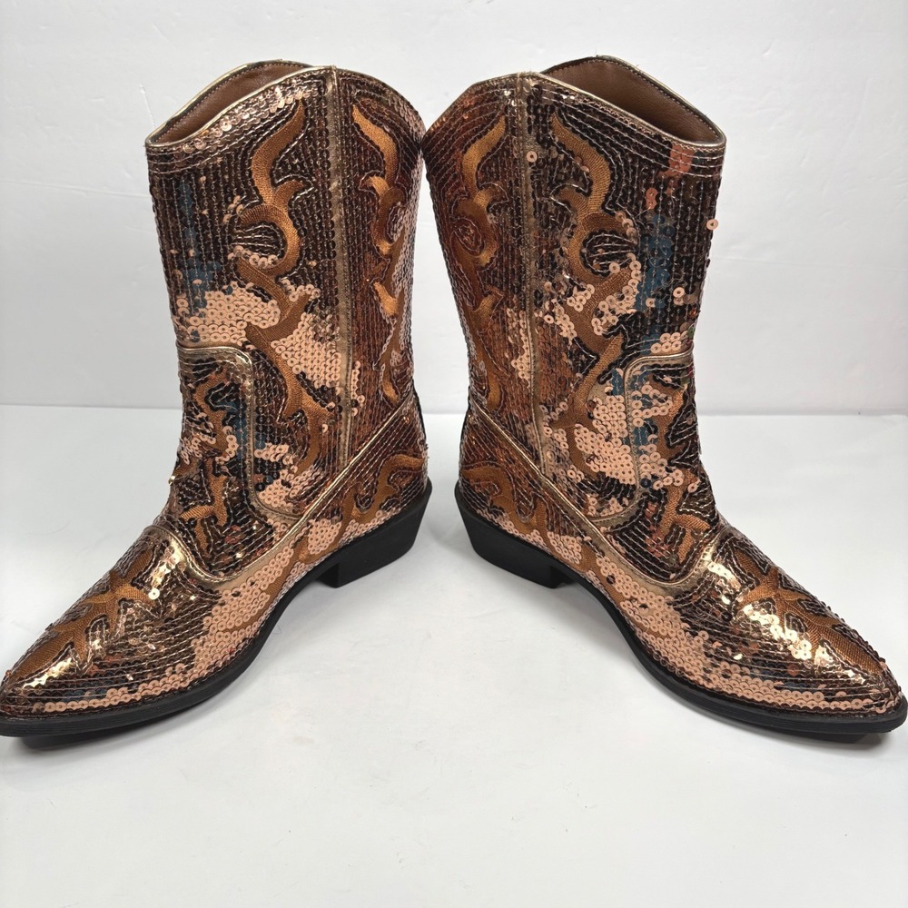 Comfort Womens 7 Cowboy Boots BRONZE Sequin Western Pointed Toe Glam Sparkle